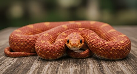 Obraz premium Orange Corn Snake Coiled on Wood Looking at the Camera