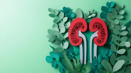 3D paper-cut of kidney with green leaves 