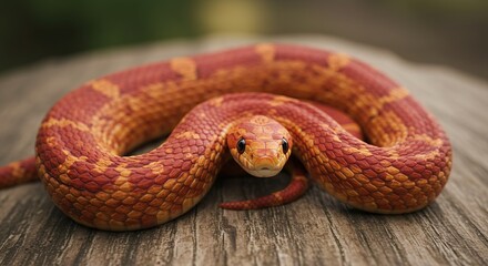 Fototapeta premium Captivating Corn Snake Coiled on Wood Surface in Natural Light
