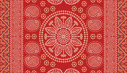 Traditional Rajasthani Chunri Bandhani Seamless Pattern Vector illustration, white floral on red background, for print, fabric, textile, paper, wallpaper, rajasthani, art, backdrop, many more use