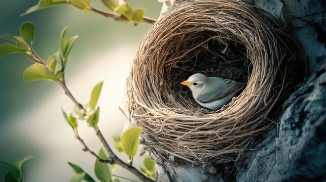Bird in nest on tree in Spring.