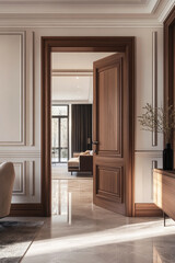 Fototapeta premium Modern luxury interior featuring an open brown wooden door leading to a bright, elegant living room with marble flooring and sophisticated decor.