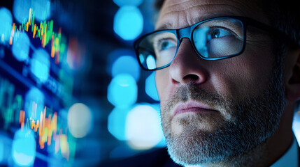 Serious stockbroker analyzing data on digital screen with focus