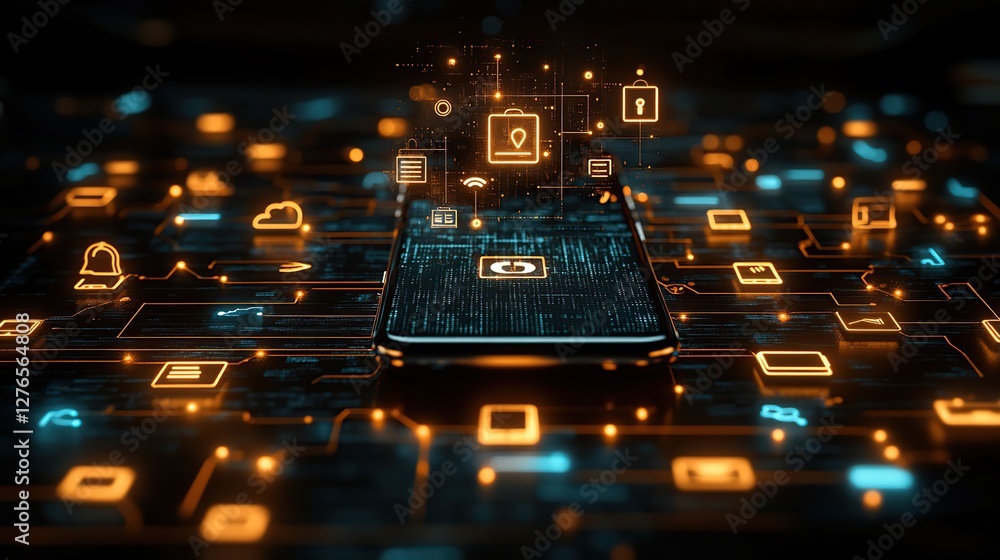 Poster a smartphone displaying glowing digital icons and data connections on a circuit-like background