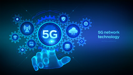 5G network wireless systems technology concept. Smart city. IOT. 5G mobile internet wifi connection. Wireframe hand touching digital interface with connected gears cogs and icons. Vector illustration.