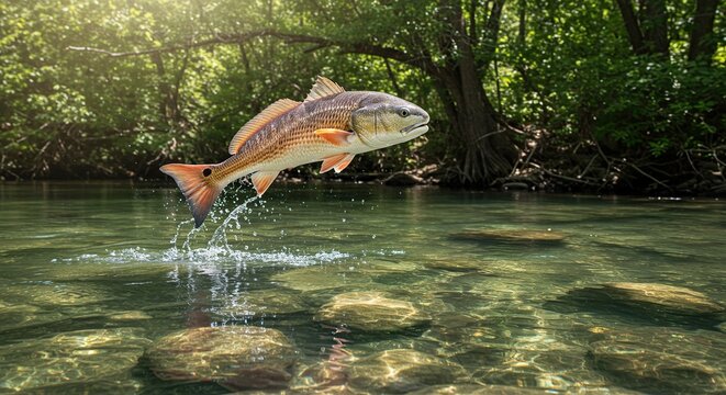 Redfish Jumping From Clear River Water with Forest Background Scene