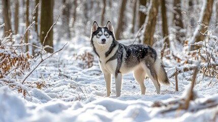 Obraz premium Husky dog in snowy winter forest.