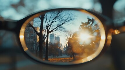 A Cityscape Seen Through Eyeglasses at Sunrise A Golden Hour View of Urban Park Trees and Buildings