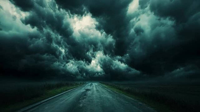 Dark storm clouds gathering over an empty road in the countryside during twilight