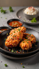 Appetizing Korean fried chicken with dipping sauces on a sleek plate, culinary delight