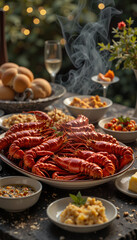 Fototapeta premium Delicious crayfish spread at Swedish kräftskiva, evening ambiance