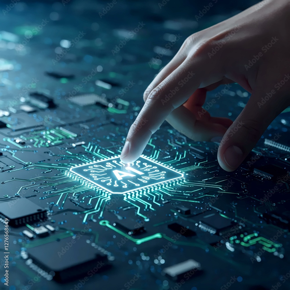 Poster human touch to ai core: a hand delicately interacts with an illuminated ai core on a circuit board, 