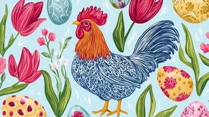 Rooster Amidst Spring Blooms and Decorated Eggs Symbolic Easter Celebrations Festive Seasonal