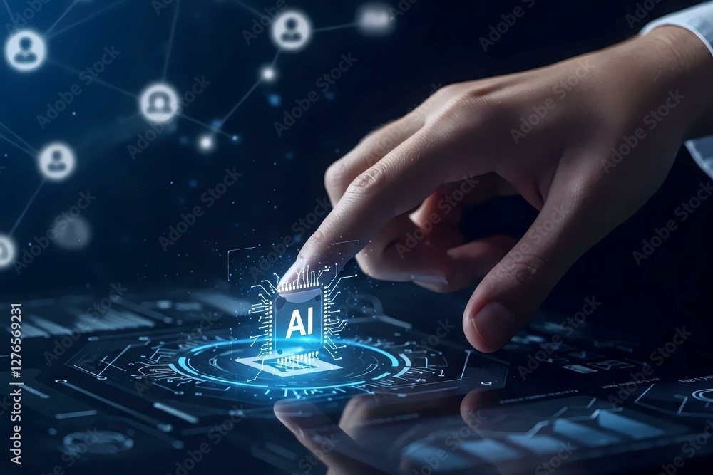 Poster the dawn of ai: a futuristic image showcases a human hand interacting with a digital interface, high