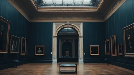 Serene gallery showcasing vintage paintings with a classic architectural design