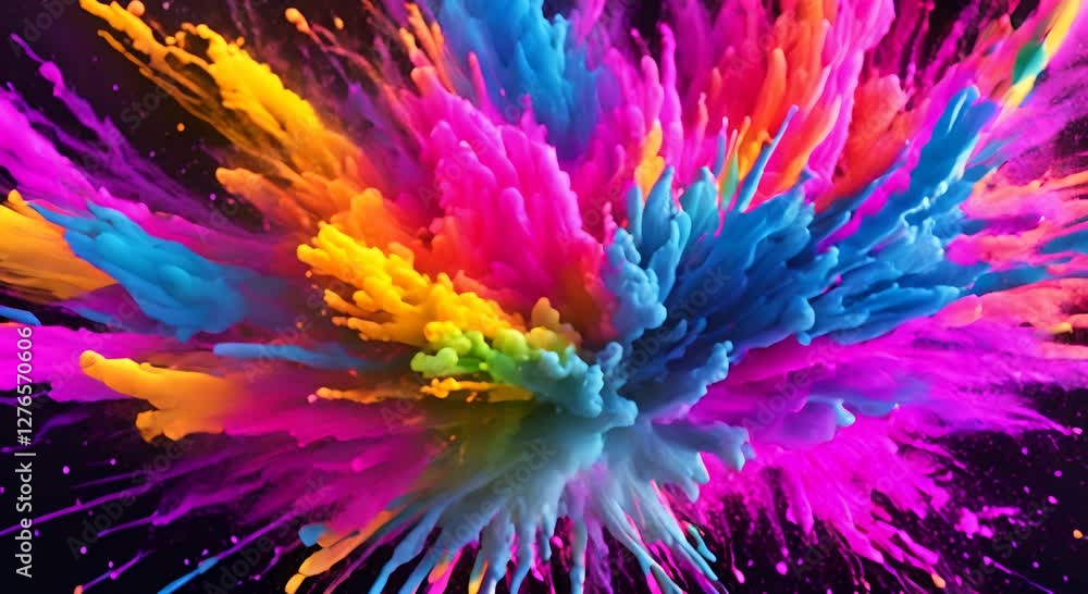 Poster explosion of bright colorful paint on black background burst of multicolored powder abstract pattern