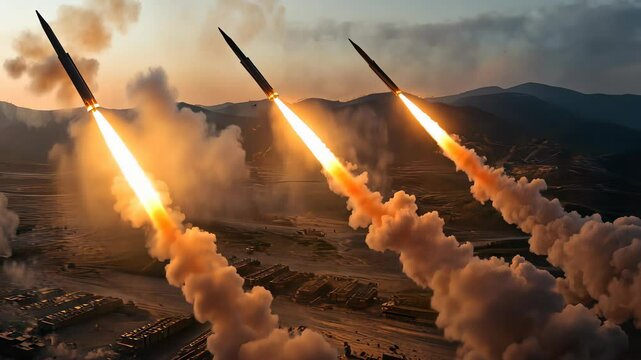 Military launch at dawn showcases three missiles soaring into the sky in a powerful display of force