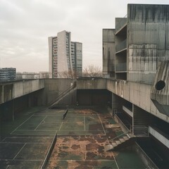 Urban Landscape with Concrete Structures and Dilapidated Tennis Courts Under Overcast Sky Serene View