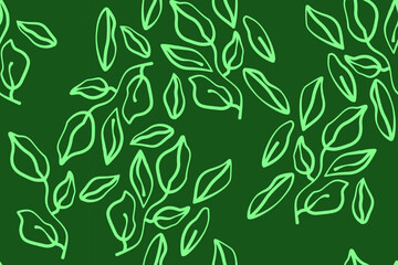 Seamless botanical pattern with hand-drawn green leaves on a dark background. Perfect for nature-inspired designs, eco-friendly packaging, textiles, and wallpapers.