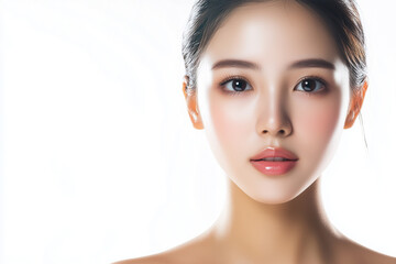 Fototapeta premium Portrait of beautiful woman with facial expression isolated on white background, Selective focus Asian woman face with healthy skin.