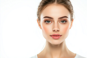 Obraz premium Portrait of beautiful woman with facial expression isolated on white background, Selective focus American woman face with healthy skin.