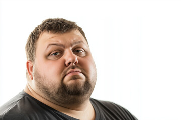 Obraz premium Portrait of chubby man with serious face isolated on white background, Selective focus middle age fat man with big tummy.