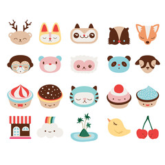 Cheerful Cute Kawaii  Food and Animal Icon Set with Pink Cupcake, Pastel Glaze, Sprinkles, Cherry, Bird,  Cat, Monkey, Dog, Bear, Fox, Sheep, Deer, Squirrel,  Rainbow, Cloud, Island and Shop