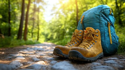 Hiking boots and backpack on forest path, sunny day