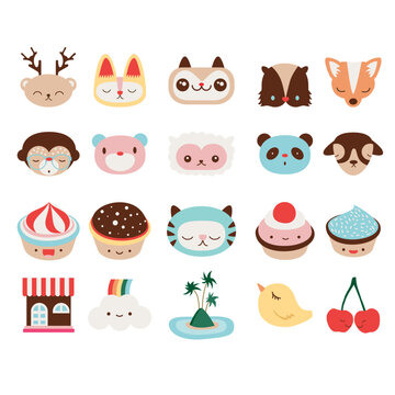 Cheerful Cute Kawaii  Food and Animal Icon Set with Pink Cupcake, Pastel Glaze, Sprinkles, Cherry, Bird,  Cat, Monkey, Dog, Bear, Fox, Sheep, Deer, Squirrel,  Rainbow, Cloud, Island and Shop