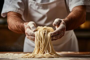 Artisan Pasta Creation: A skilled chef meticulously prepares a fresh batch of pasta, showcasing the time-honored tradition of handmade cuisine.