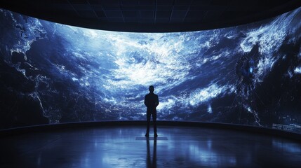 Climate Change Technology A person stands in awe before a large screen displaying a vibrant cosmic scene.