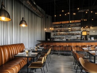 Modern minimal restaurant interior in dark colors, industrial style