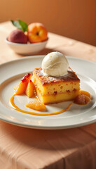 Elegant peach cobbler presentation on fine dining table, culinary artistry