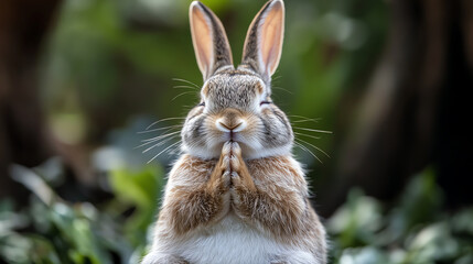 Fototapeta premium A cute rabbit sitting quietly in a serene green environment.