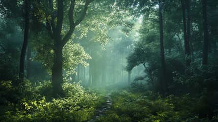 Obraz premium Sunlit path through misty green forest.