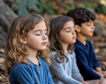 Children meditating peacefully in nature, promoting mindfulness.