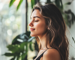 Fototapeta premium Young woman enjoying a moment of peace and tranquility indoors.
