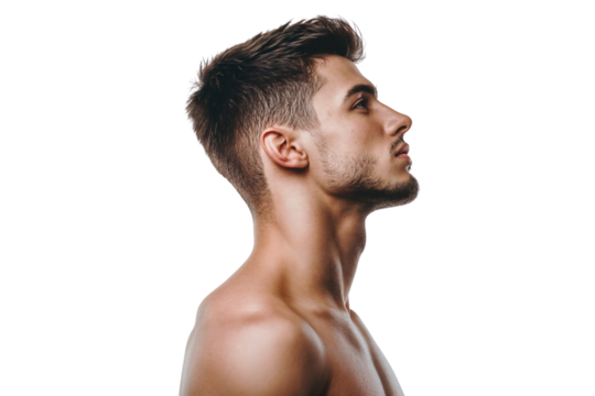 Handsome muscular man with naked torso, side view, isolated on transparent background