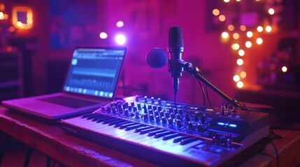 Home music studio setup at night with keyboard, laptop, and microphone