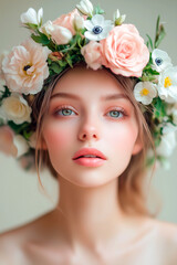 Young woman with blue eyes and soft makeup wearing a floral crown of pastel roses and white flowers, gazing gently at the camera with a serene expression against a neutral background