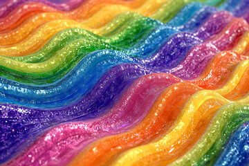 Obraz premium glossy, wavy rainbow textures with a sparkling, glittery finish. The vibrant colors and fluid motion create a surreal, futuristic, and energetic aesthetic, ideal for digital and creative designs.