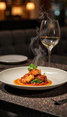 Elegant dining with steaming sannakji dish in upscale restaurant, culinary artistry