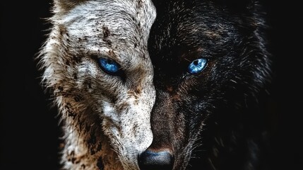 A striking representation of a wolf's face, split between black and white, with intense blue eyes that convey a sense of duality and animalistic strength amidst the wild.