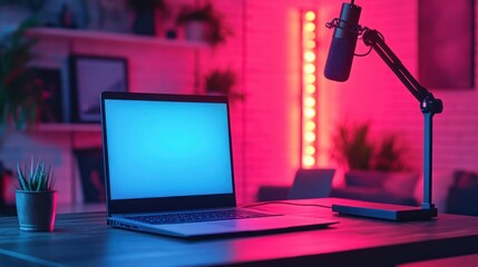 Home office laptop, microphone, neon lights, podcasting setup