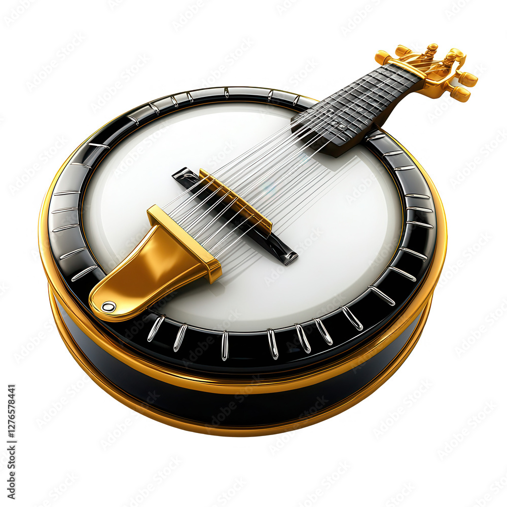 Poster a realistic 3d render of a banjo featuring a gold and black color scheme. this musical instrument is