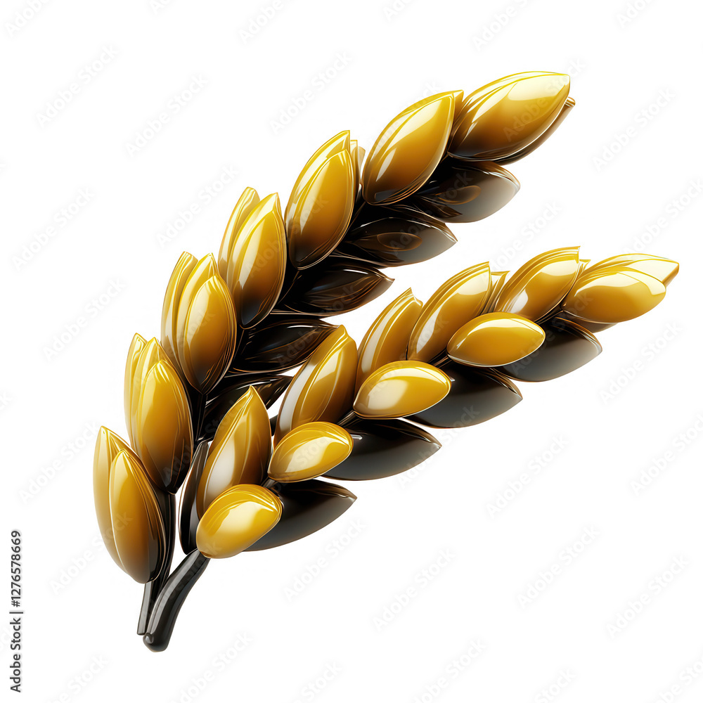 Poster a visually striking 3d render of a golden grain sheaf with glossy surface, highlighting the details 