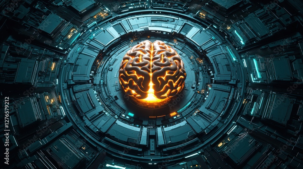 Poster a futuristic, glowing brain is centered in a high-tech circular environment, symbolizing advanced te