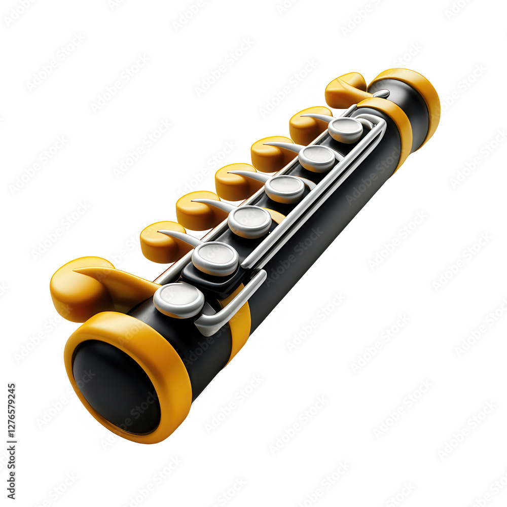 Poster a vibrant 3d model of a flute with a black and yellow color scheme, emphasizing a modern style suita
