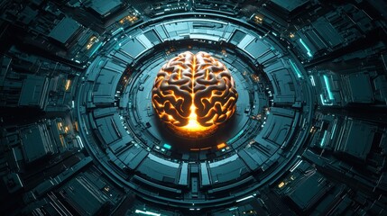 Obraz premium A futuristic, glowing brain is centered in a high-tech circular environment, symbolizing advanced technology and artificial intelligence.