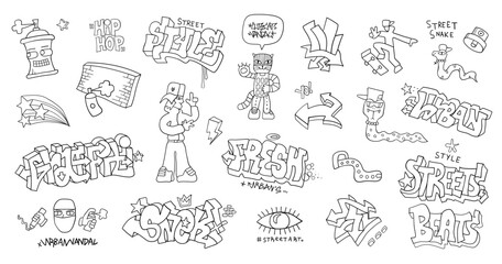  Graffiti doodles funny characters hand drawn lettering vector collection , background for kids
